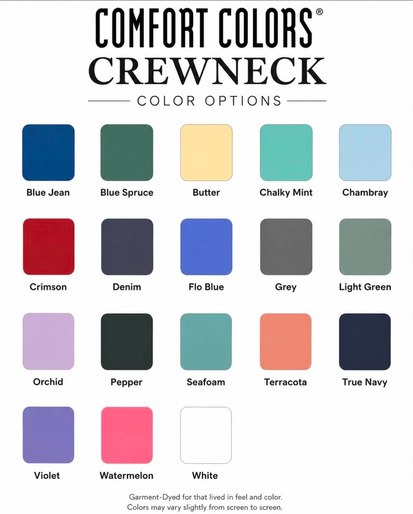 Comfort Colors crewneck color options chart