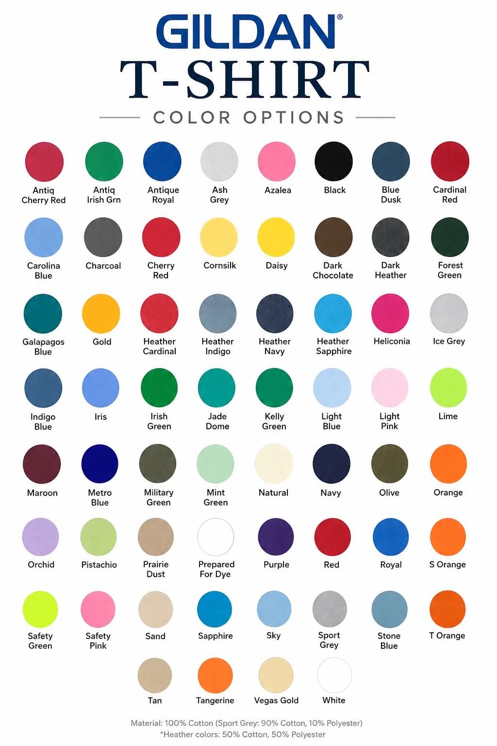Gildan t-shirt color options chart