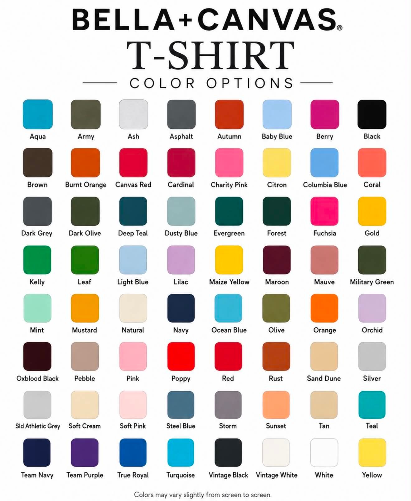 Bella and Canvas t-shirt color options chart