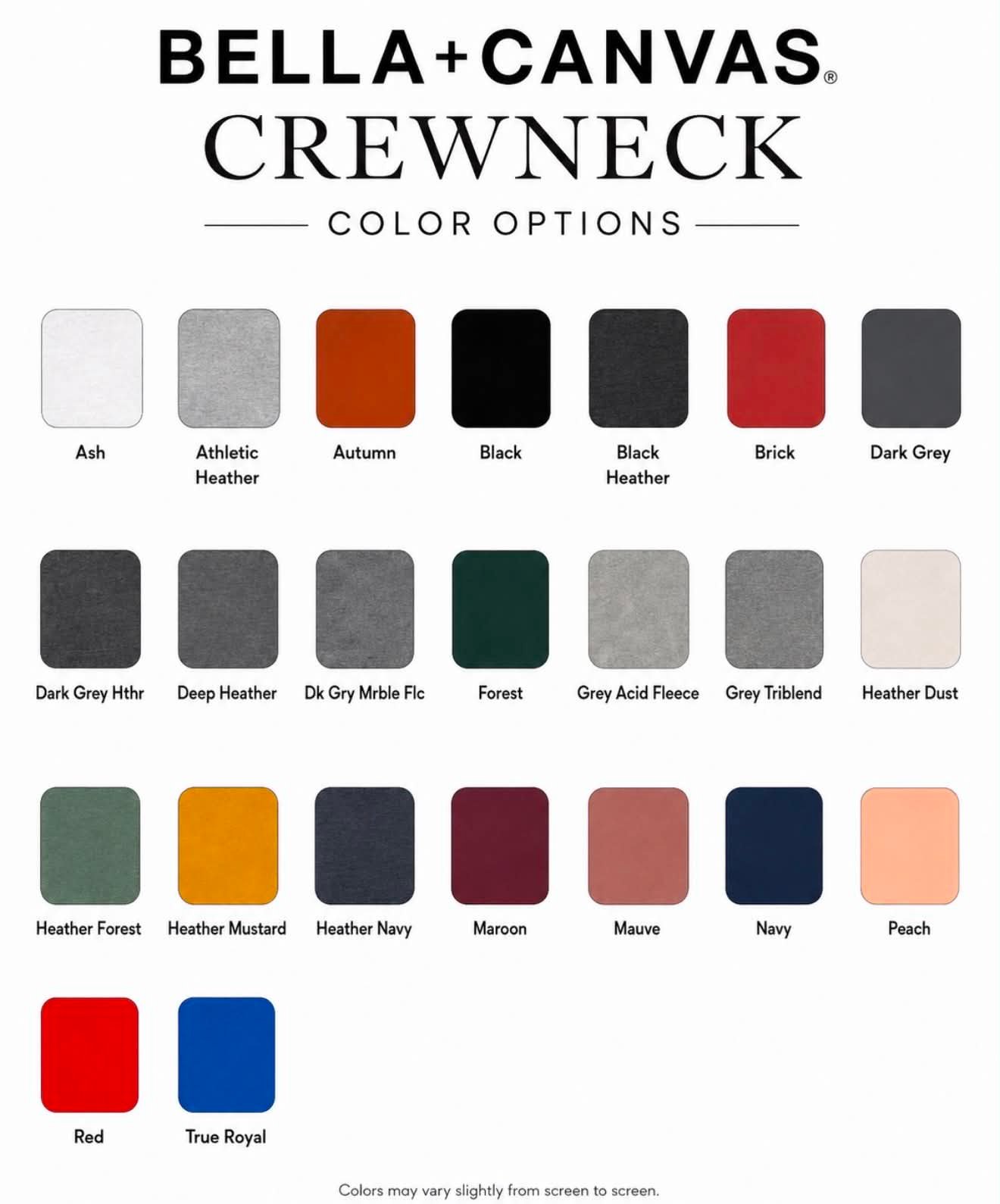 Bella and Canvas crewneck color options chart