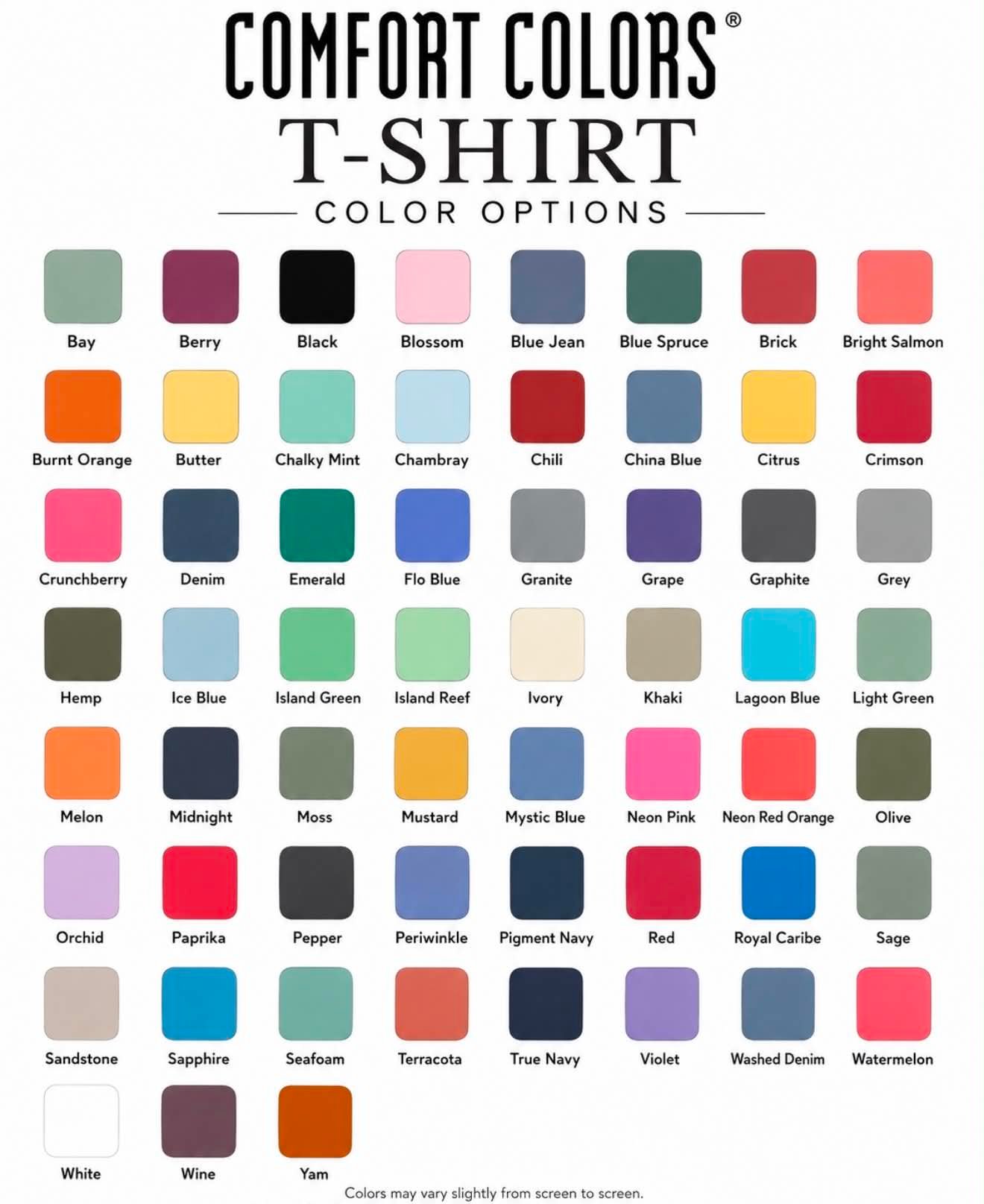 Comfort Colors t-shirt color options chart