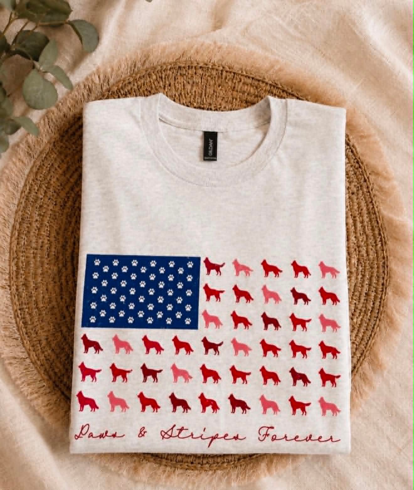 Heather Gildan tee with a paw-print American flag design reading Paws and Stripes Forever